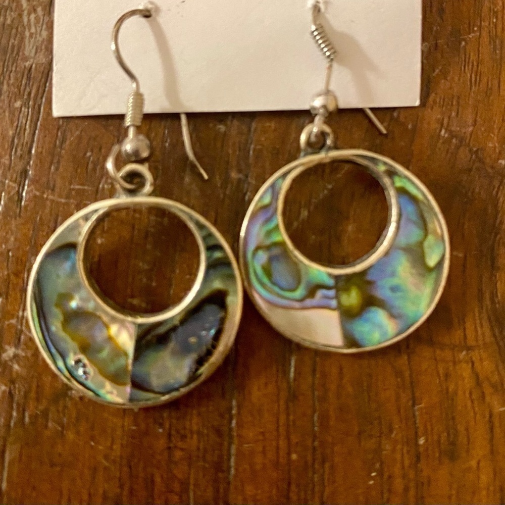 Vintage Sterling Silver Alpaca Mexico Abalone Shell Inlay Hoop Drop Earrings